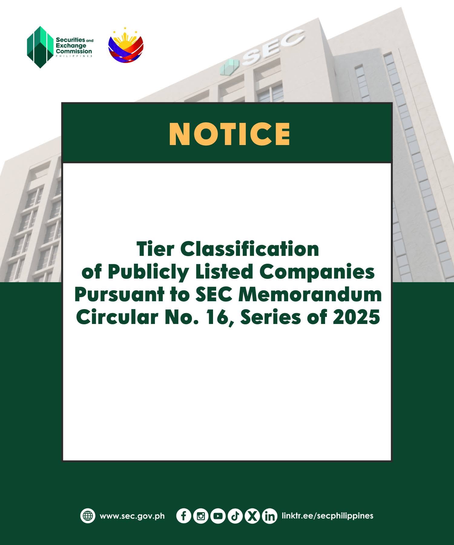 Tier Classification of Publicly Listed Companies Pursuant to SEC Memorandum Circular No. 16, Series of 2025